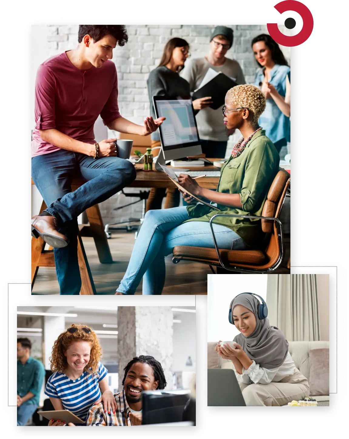 Picture collage of people during of different ethnicities and ages in work environment.